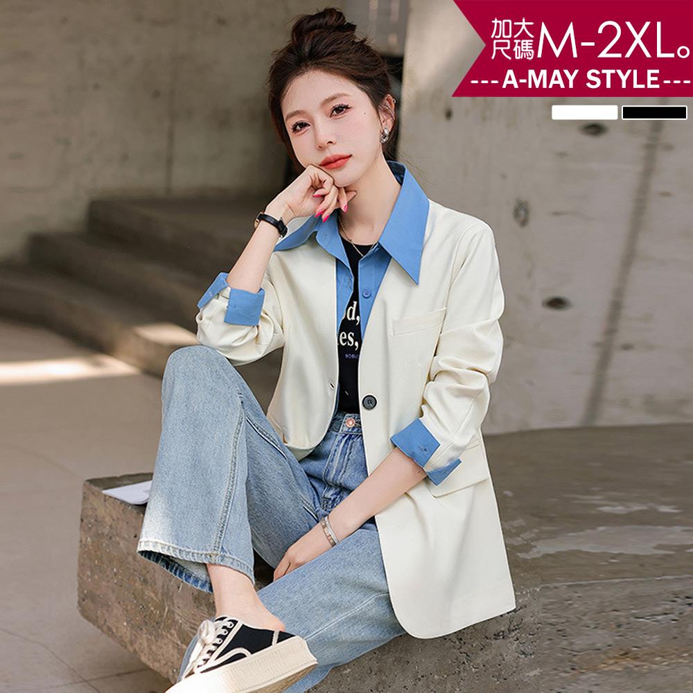 加大碼外套 襯衫 設計感假兩件撞色拼接翻領顯瘦西裝外套(M-2XL)【XAM250359】＊艾美時尚(現+預)