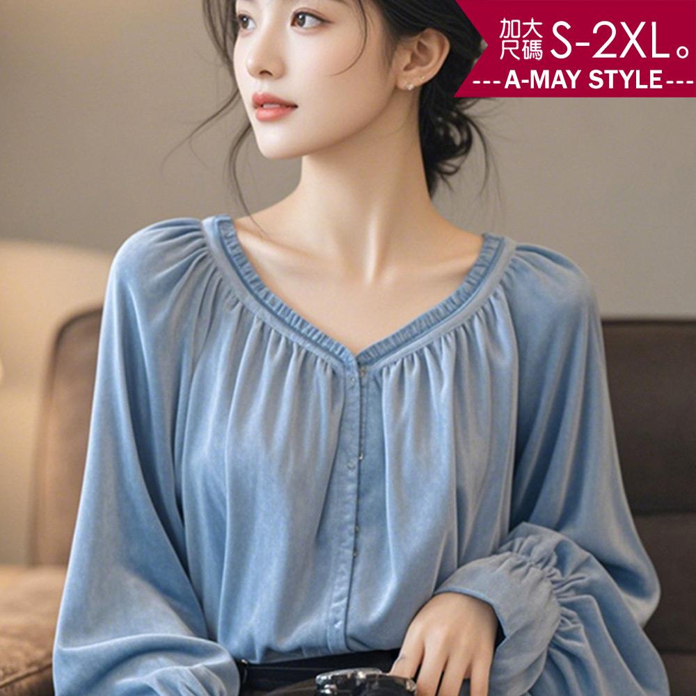 加大碼上衣 韓系氣質V領荷葉邊抓皺燈籠袖襯衫(S-2XL)【XAM250349】＊艾美時尚(現+預)