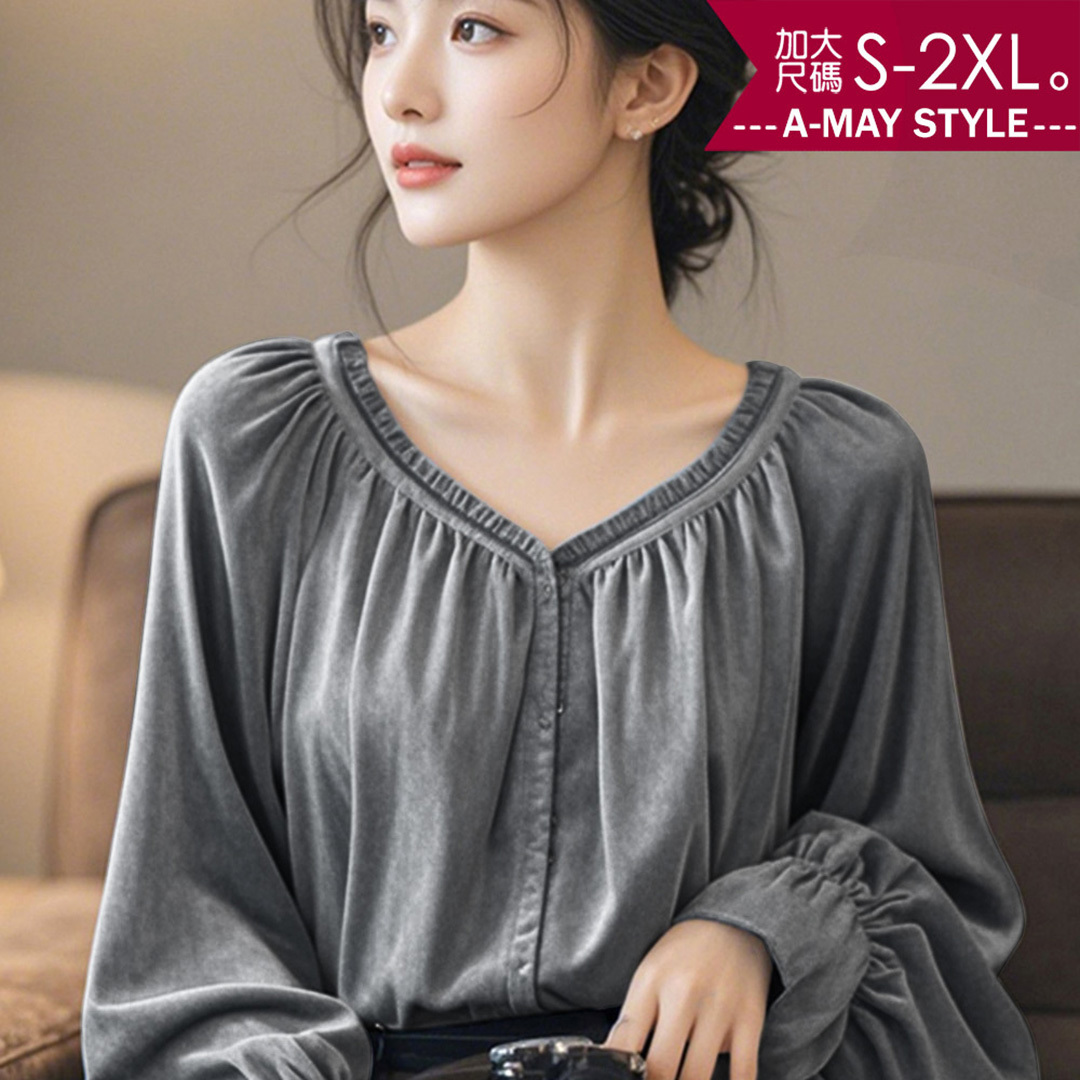 加大碼 襯衫 韓系氣質V領荷葉邊抓皺燈籠袖上衣(S-2XL)【XAM250349】＊艾美時尚(現 預)