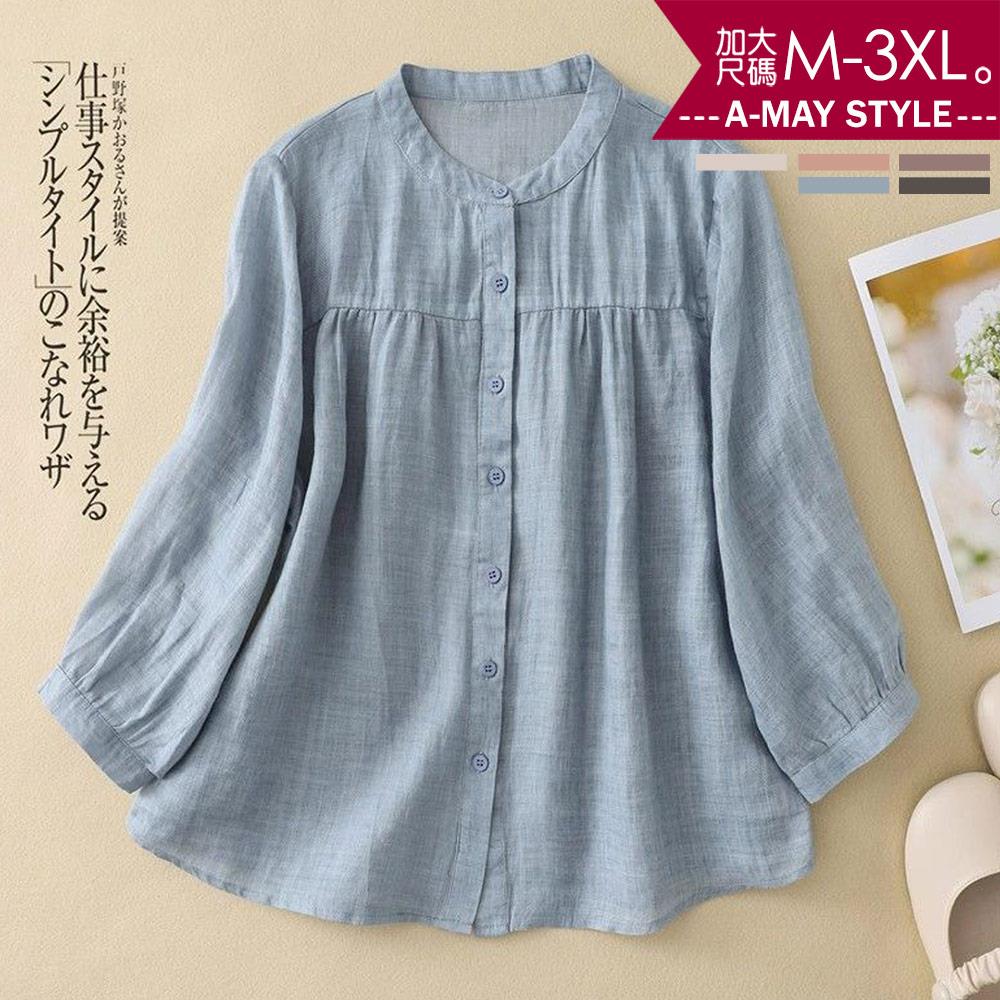春新品 加大碼上衣 日系輕薄寬鬆舒適棉麻感七分袖襯衫(M-3XL)【XAM250325】＊艾美時尚(現 預)