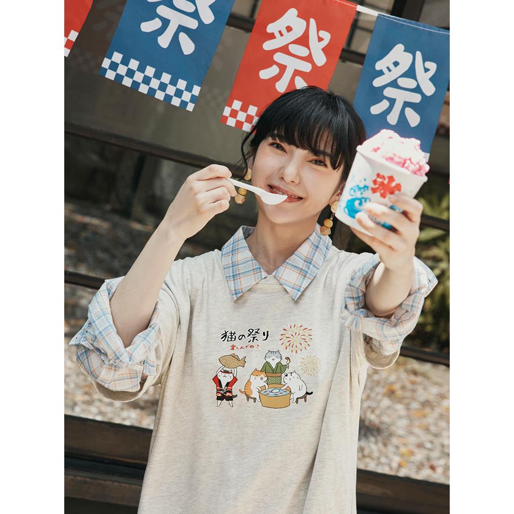 貓小姐.純棉日式祭典撈金魚貓印花短袖上衣