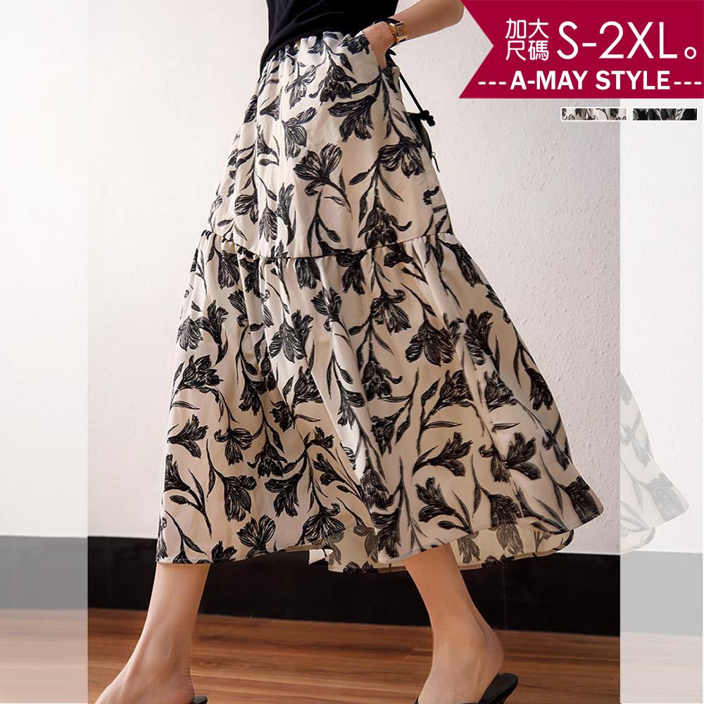 春新品 加大瑪裙子 長裙 優雅印花鬆緊腰A字顯瘦半身裙(S-2XL)【XAM250340】＊艾美時尚(現 預)