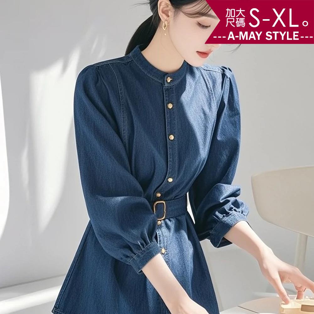 加大碼丹寧 上衣 法式氣質中長版七分袖收腰顯瘦牛仔襯衫(S-XL)【XAM250362】＊艾美時尚(現 預)
