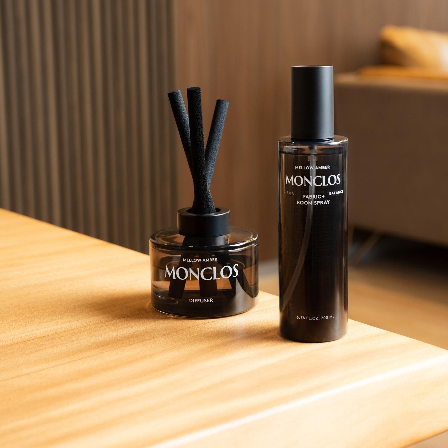 【MONCLOS】醇厚琥珀織品空氣噴霧擴香組合(噴霧200ML 擴香150ML 擴香棒5支)