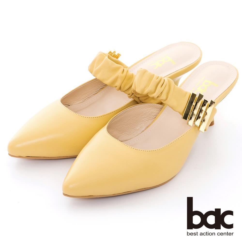 【bac】澎澎抓皺腳背帶高跟穆勒鞋(黃色)(女王節DM商品)