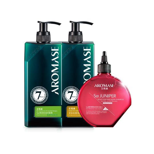 【AROMASE艾瑪絲】洗髮精400mL x2(強健豐盈/去屑止癢/高效控油)+捷利爾頭皮淨化液CC 260mL