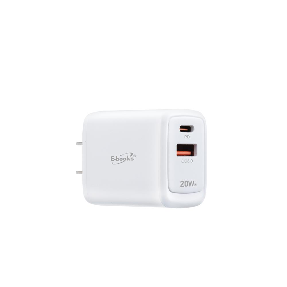 E-books B111 智能穩壓 20W PD+QC3.0雙孔快速充電器