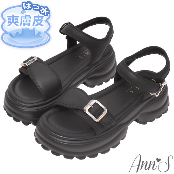 🎁買就送鞋撐🎁Ann’S防潑水爽膚皮-雙扣長腿輕量厚底涼鞋5.5cm-黑
