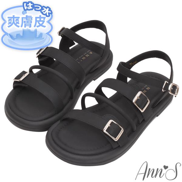 Ann’S防潑水爽膚皮-粗細交錯層次輕量寬版平底涼鞋2cm-黑