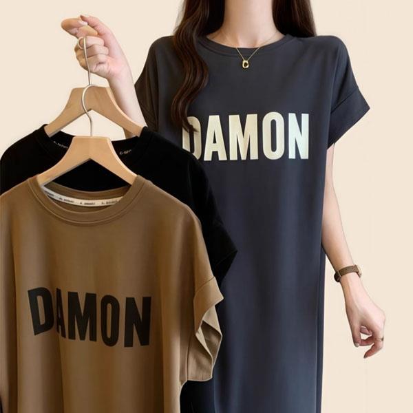 (寬鬆版型)M~2XL春夏DAMON短袖上衣/長版/落肩(3色選)-日秀衣韓館