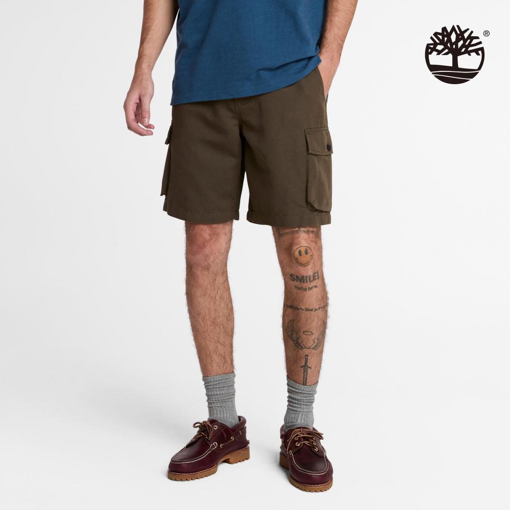Timberland 男款軍綠色休閒棉麻短褲|A6EYNA58