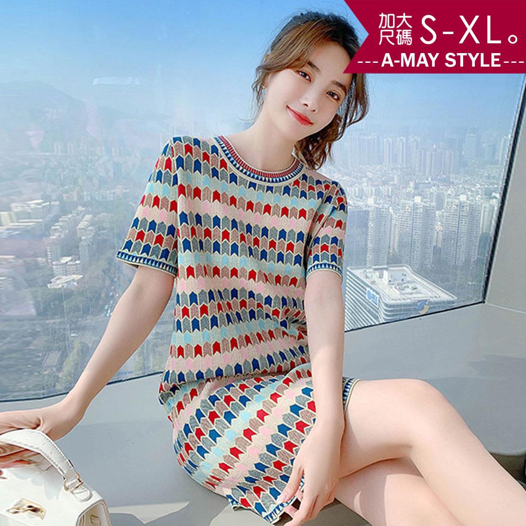 加大碼洋裝 設計感幾何拼色休閒活力針織連身洋裝(S-XL)【XFU230542】＊艾美時尚(現+預)