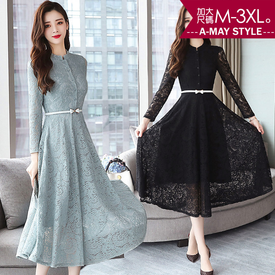 加大碼 連身裙 典雅小立領蕾絲顯瘦中長裙連身洋裝(M-3XL)【XFU250367】＊艾美時尚(現 預)