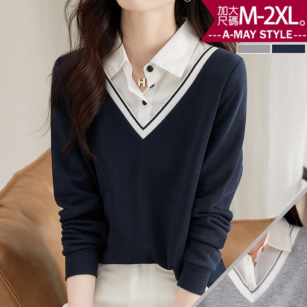加大碼上衣 襯衫 假兩件輕優雅拼接休閒長袖針織衫(M-2XL)【XAM2412T49】＊艾美時尚(現+預)