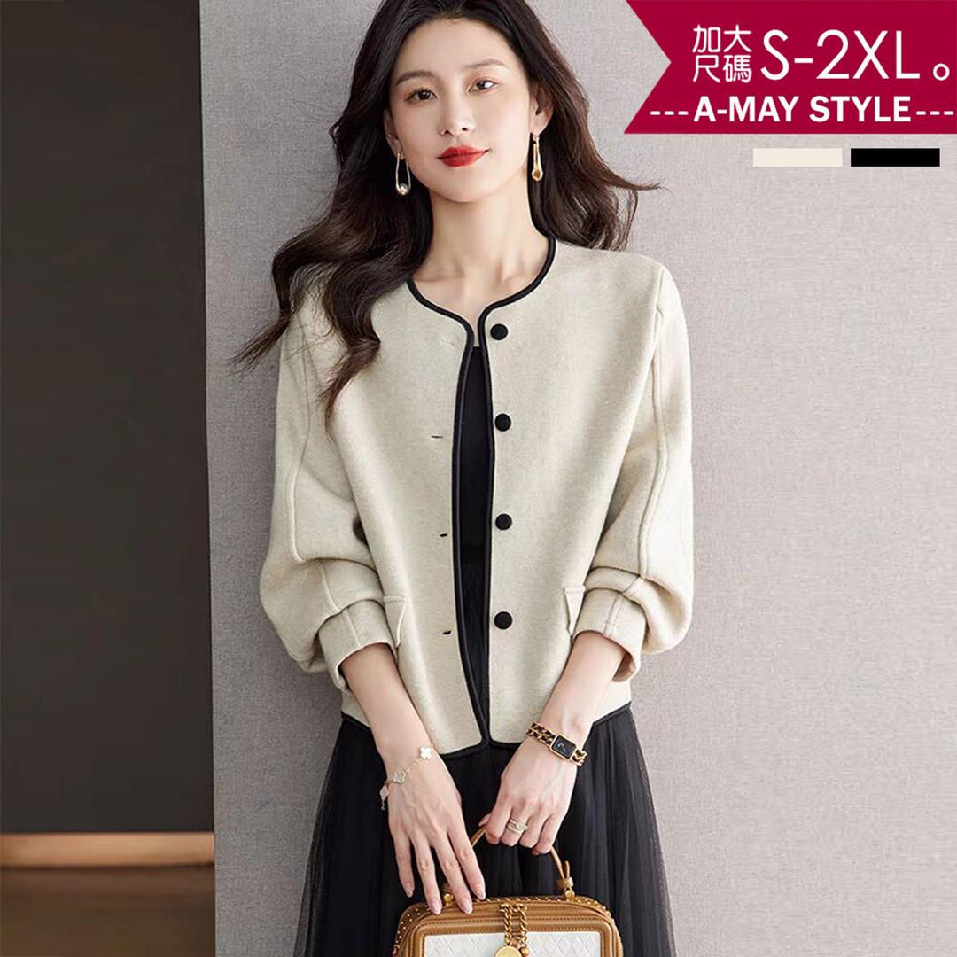 中大尺碼女裝 針織外套 典雅氣質圓領撞色針織小香風外套(S-2XL)【XAL250288】＊艾美時尚(現+預)