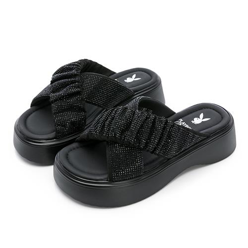 ⚡夏季應援 BIG SALE｜PLAYBOY 銀河時尚 抓皺交叉寬帶厚底拖鞋-黑(PY1110)