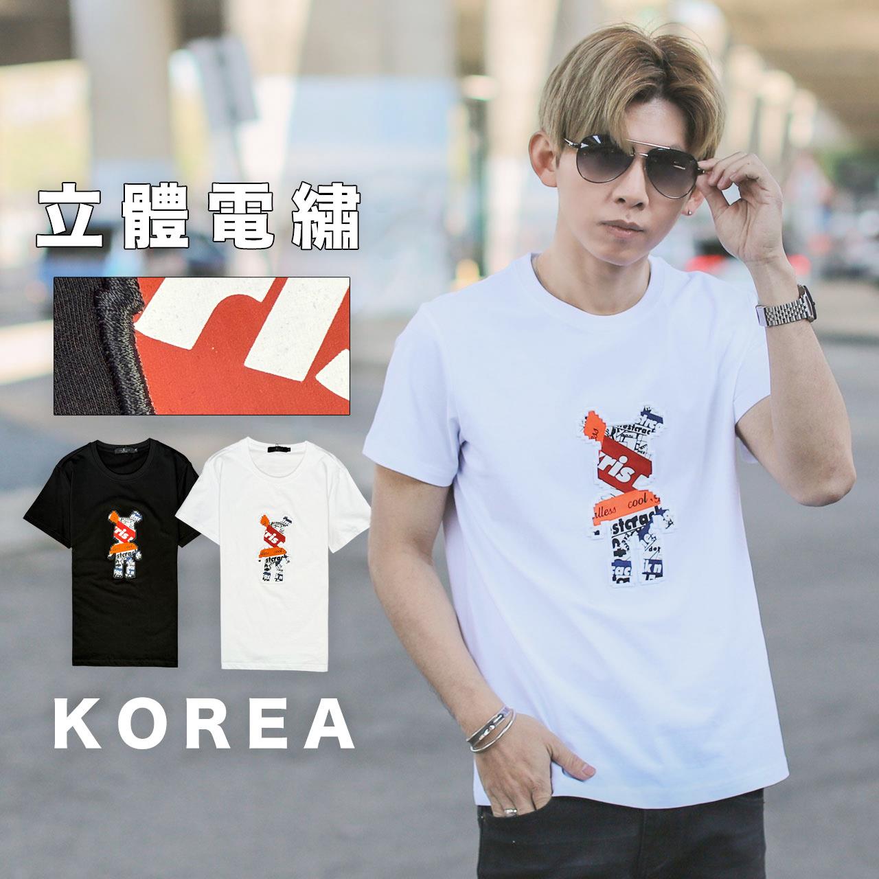 【NB1871J】韓國製立體電繡滾邊貼布小熊彈力短TEE(LE-BM752)