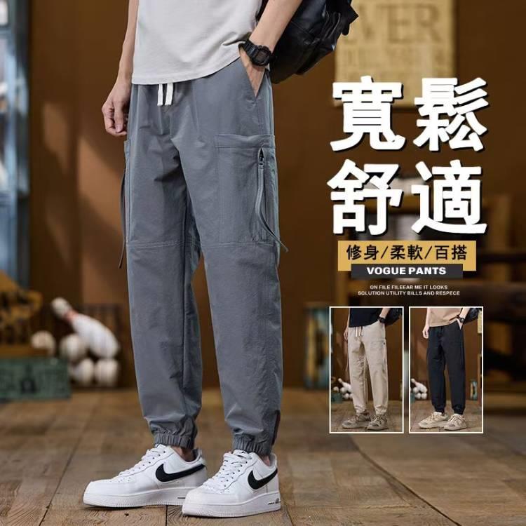 街頭潮流側拉鍊多口袋休閒長褲 涼感褲 縮口褲 男生長褲 9分褲 工作褲 韓版長褲【NZ2520】