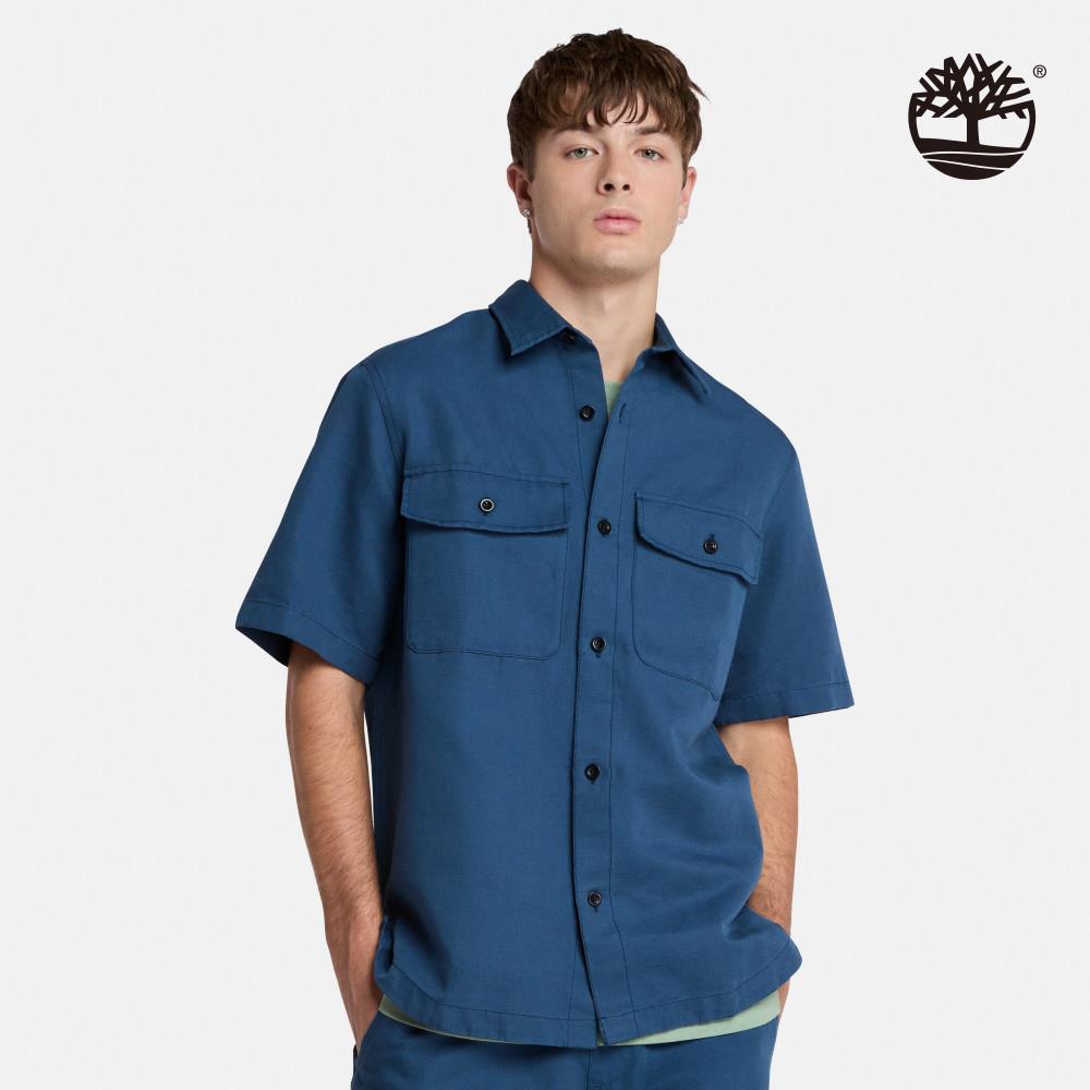 Timberland 男款靛藍色亞麻短袖襯衫外套|A69U7288