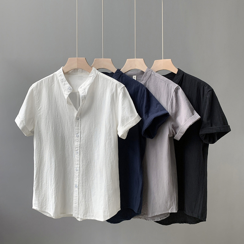 韓版素面亞麻立領短袖襯衫 涼感襯衫 男生上衣 素面襯衫 工作襯衫 男生襯衫【NZRC211】