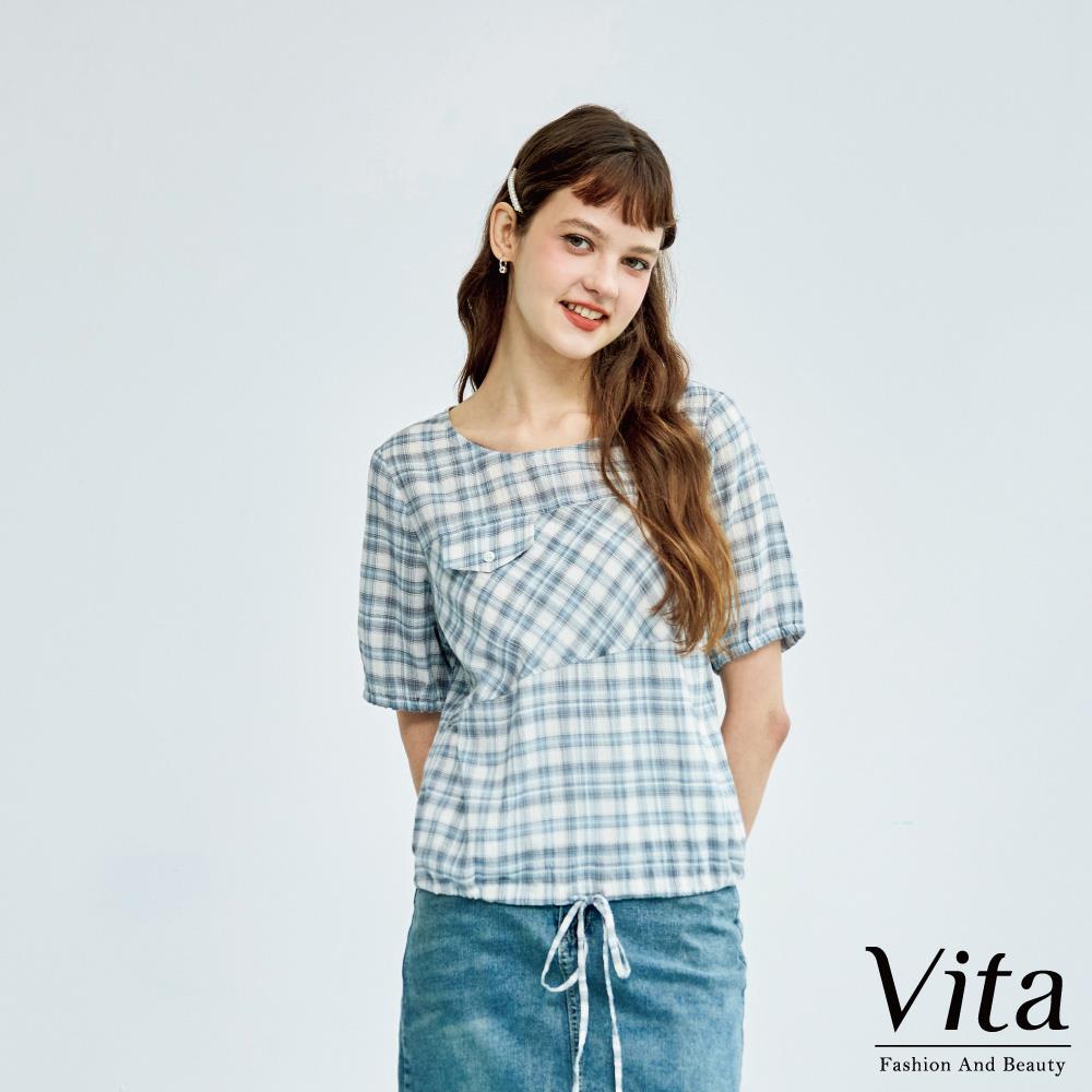 【VITA】格紋拼貼假口袋下擺綁帶純棉上衣-藍