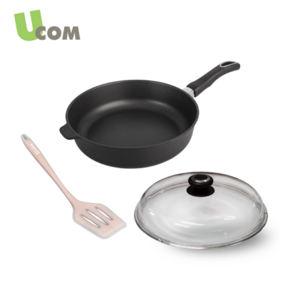 UCOM 丹麥黑魔法晶鑽單柄不沾鍋28cm+玻璃蓋28cm+矽膠瀝油煎匙