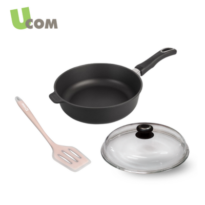 UCOM 丹麥黑魔法晶鑽單柄不沾鍋24cm+玻璃蓋24cm+矽膠瀝油煎匙