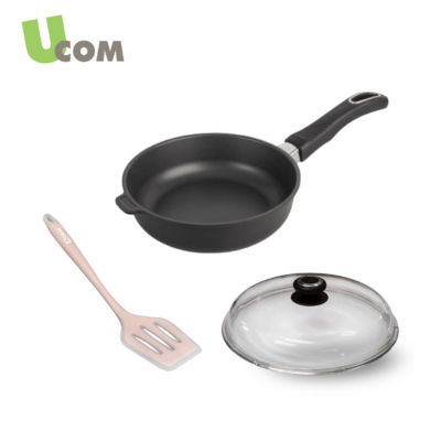 UCOM 丹麥黑魔法晶鑽單柄不沾鍋20cm+玻璃蓋20cm+矽膠瀝油煎匙