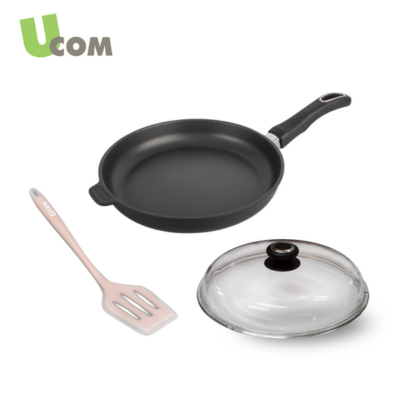 UCOM 丹麥黑魔法晶鑽不沾早餐鍋26cm+玻璃蓋26cm+矽膠瀝油煎匙