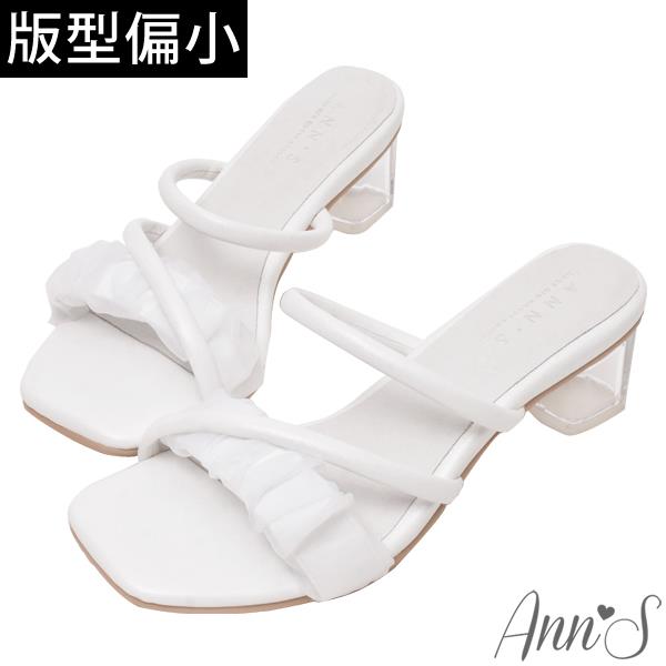 Ann’S雲朵輕舞-澎澎白紗透明跟一字方頭涼鞋5cm-白(版型偏小)