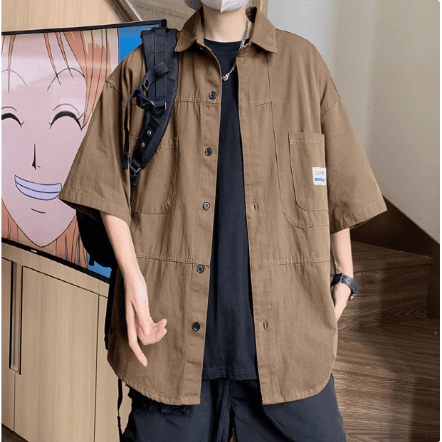 短襯 細格紋口袋寬版襯衫 日系 文青 寬版 寬鬆 休閒 街頭 格紋 簡約 微寬鬆 台灣出貨【NTJ46511】