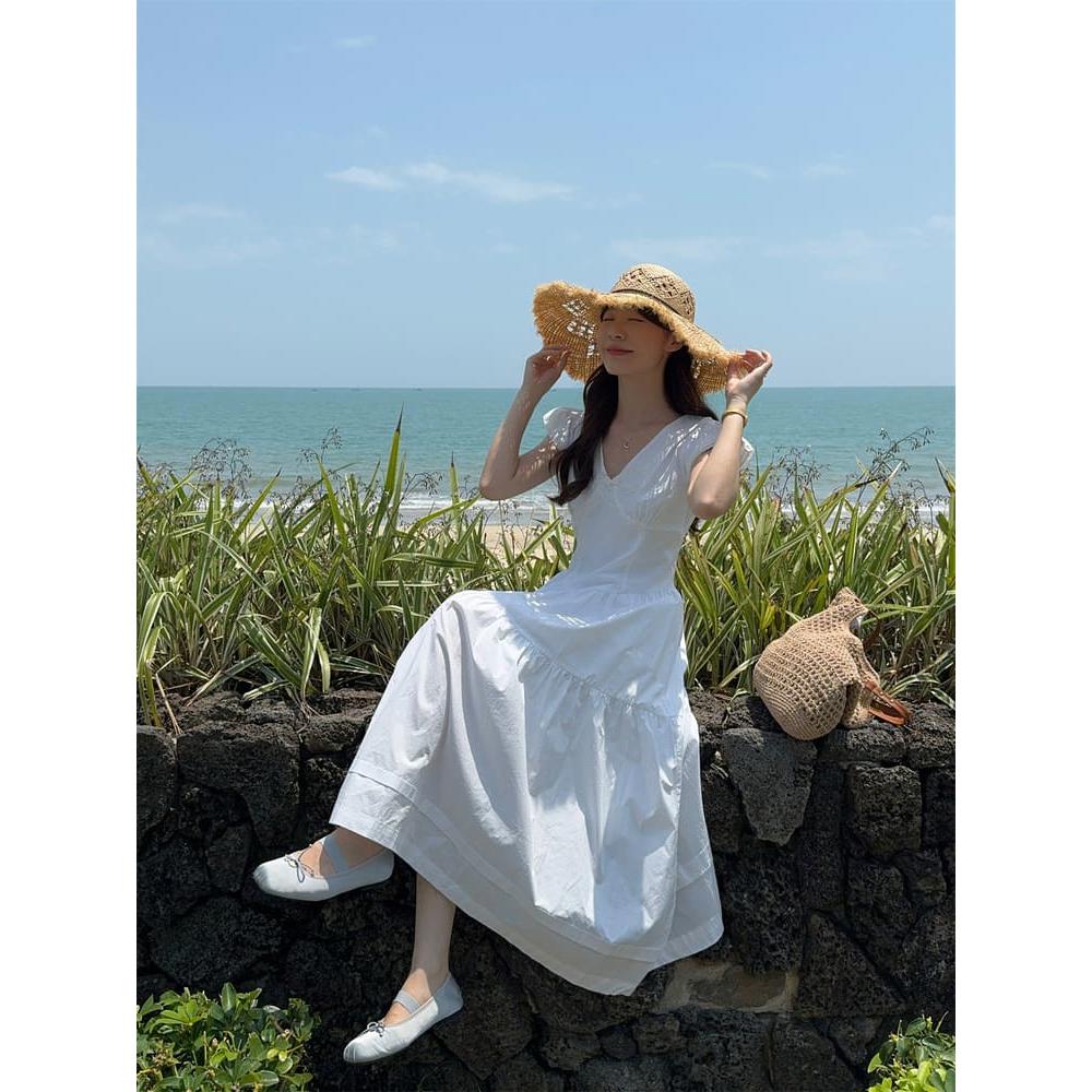 【韓國】月蝶仙境緹花蝴蝶結V領收腰長洋裝-82033