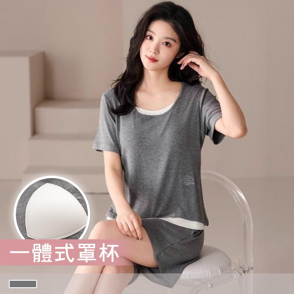 成套睡衣【罩杯式】雲灰小貓 撞色涼爽短袖短褲 居家服 25874
