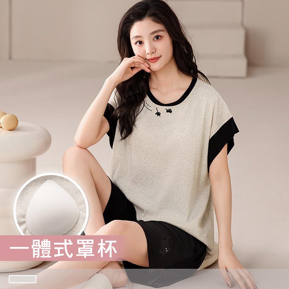 成套睡衣【罩杯式】夜影貓語 撞色涼爽短袖短褲 居家服 25941