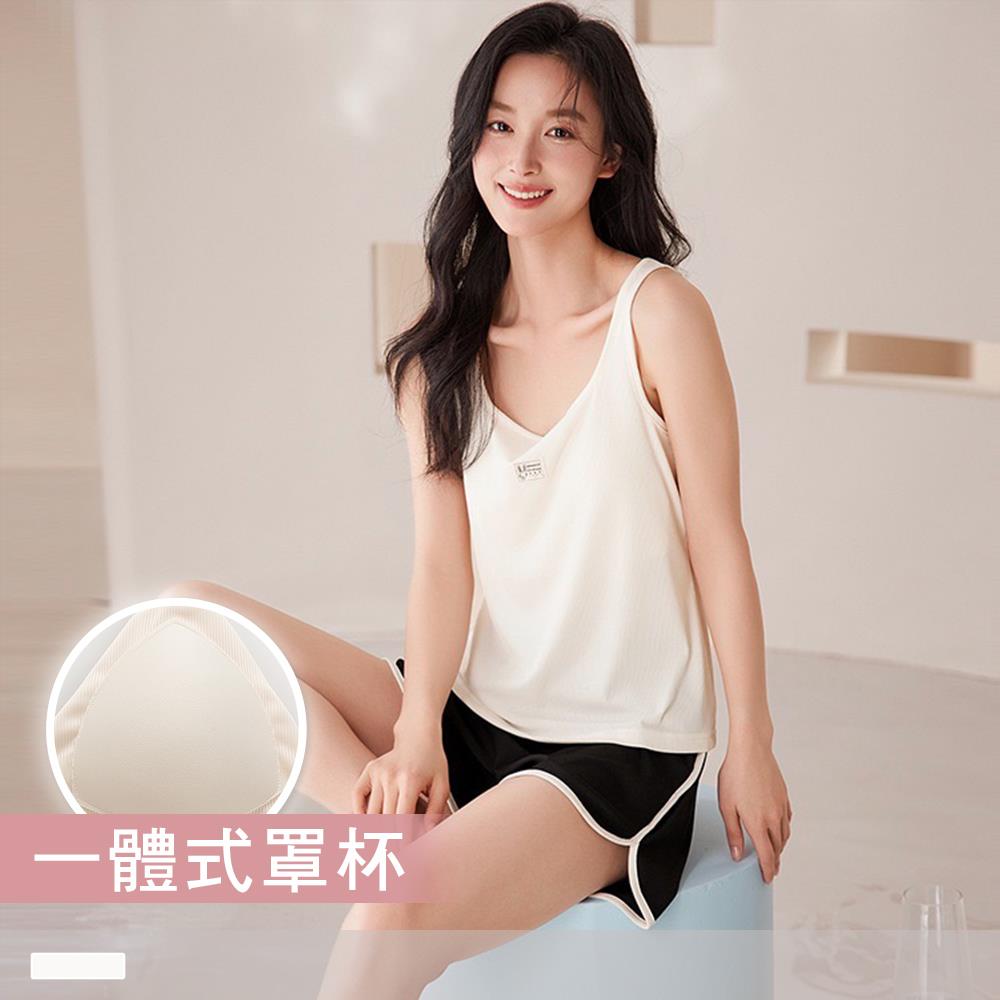 成套睡衣【罩杯式】晨光節奏 螺紋寬肩無袖撞色短褲 居家服25912