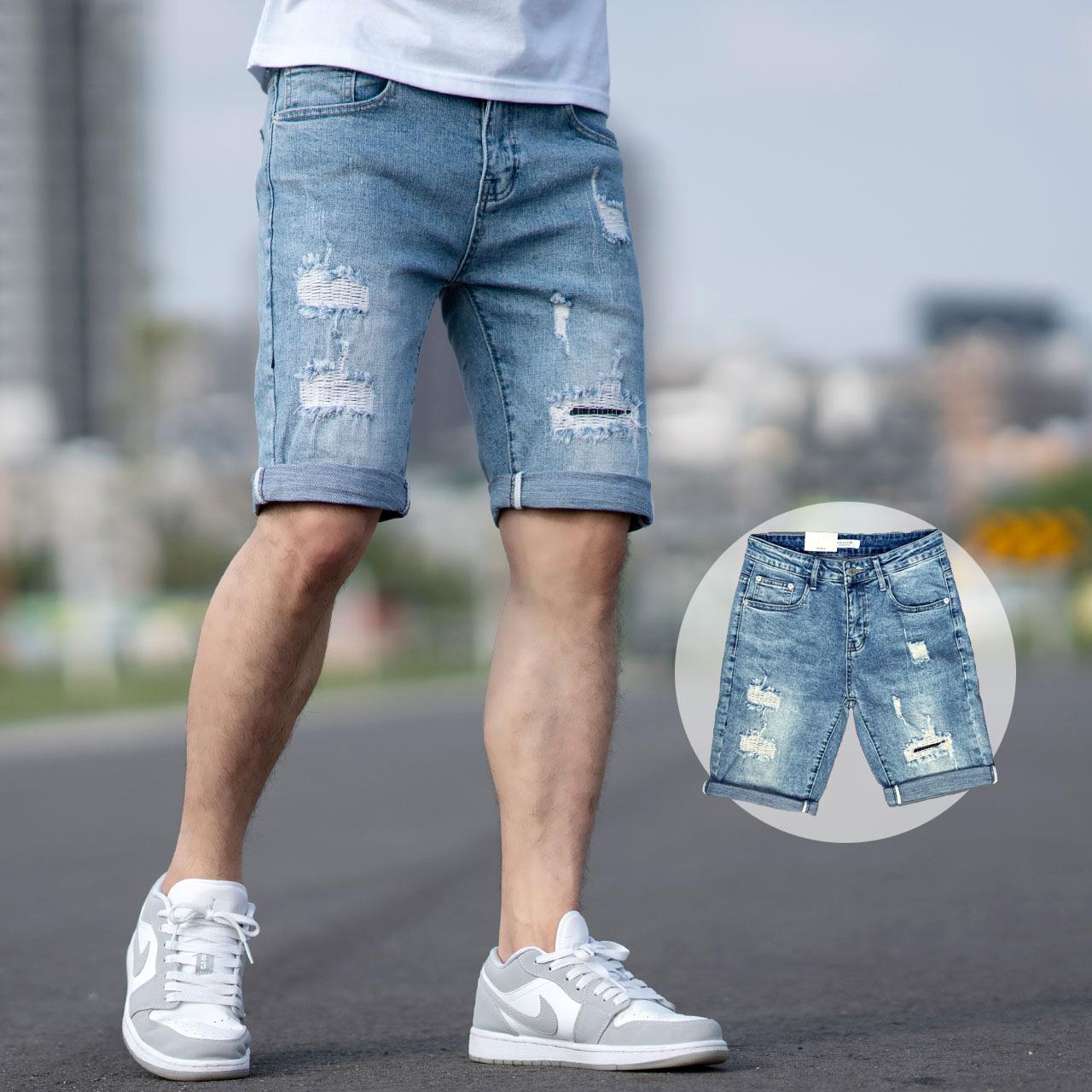 【NB1886J】中藍刷色刷破造型補丁牛仔短褲(MW6098)