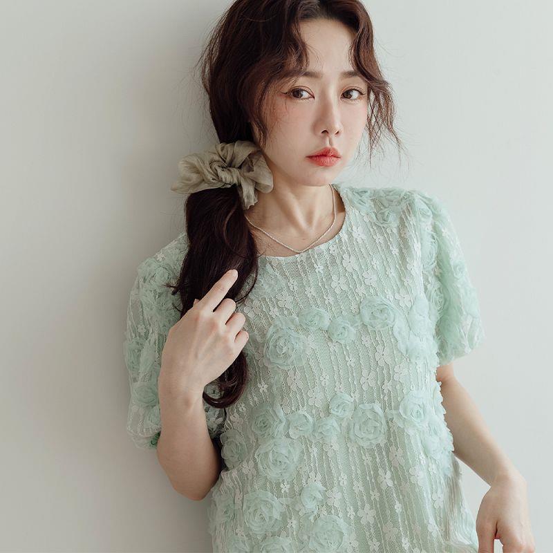 現貨★玫瑰蕾絲短袖上衣(共2色)0513 【NR0890】