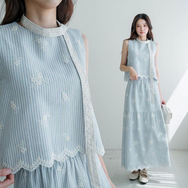 ★套裝！刺繡條紋背心+附綁帶鬆緊腰刺繡條紋長裙(共1色)0513 預購【NR1016】