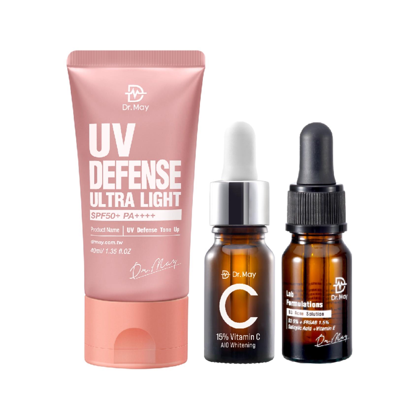 【Dr. May】美博士潤色清爽防曬乳(40ml)+B3水楊酸抗痘/C15%亮白/杏仁酸/ACE撫紋精華(10ml) 任選2入