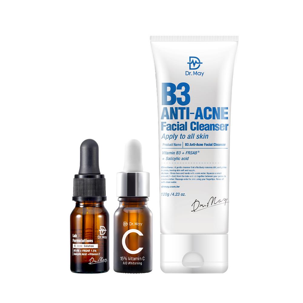 【Dr. May】連假閃購限定-美博士B3專業抗痘精華(10ml)+C15%專業美白精華(10ml)+B3毛孔調理洗顏乳(120ml)/B5玻尿酸三合一潔顏乳(150ml) 任選1