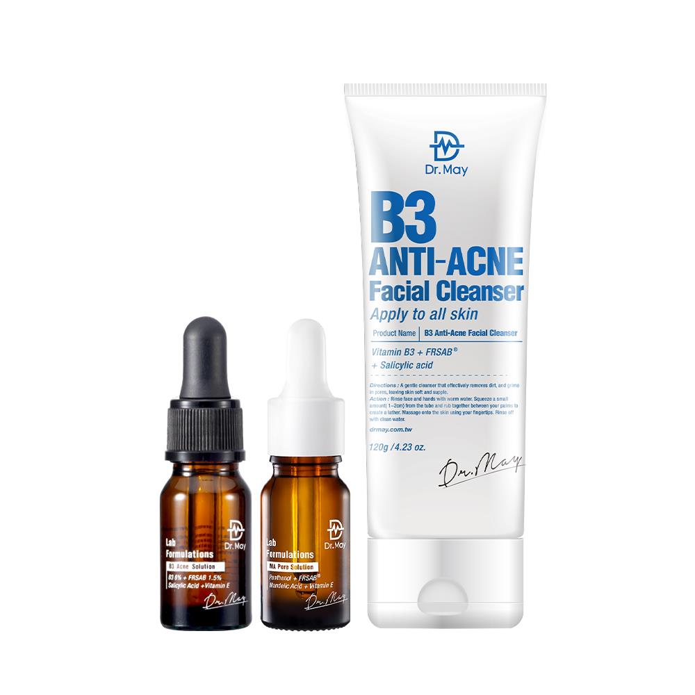 【Dr. May】連假閃購限定-美博士B3專業抗痘精華(10ml)+智慧型杏仁酸煥膚精華(10ml)+B3毛孔調理洗顏乳(120ml)/B5玻尿酸三合一潔顏乳(150ml) 任選1