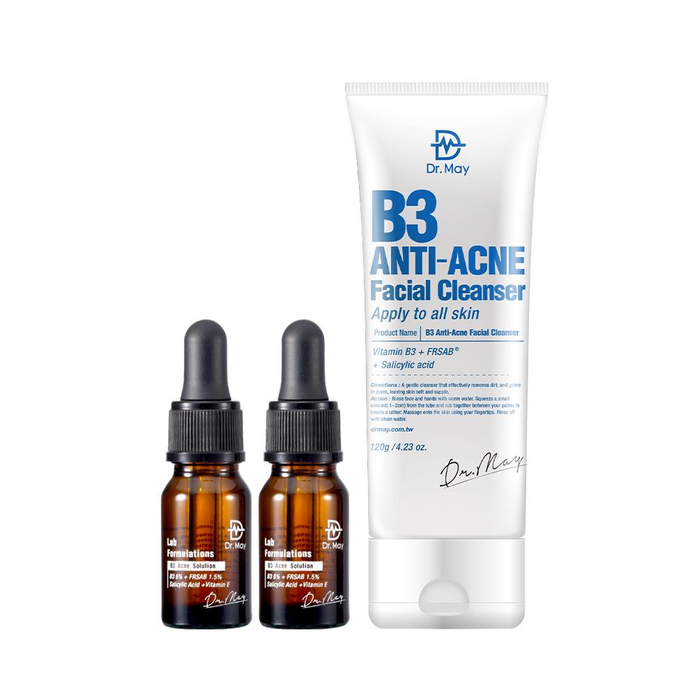 【Dr. May】連假閃購限定-美博士B3專業抗痘精華(10ml)x2+B3毛孔調理洗顏乳(120ml)/B5玻尿酸三合一潔顏乳(150ml) 任選1