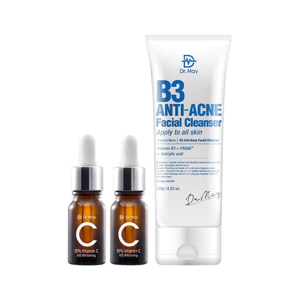 【Dr. May】連假閃購限定-美博士C15%專業美白精華(10ml)x2+B3毛孔調理洗顏乳(120ml)/B5玻尿酸三合一潔顏乳(150ml) 任選1