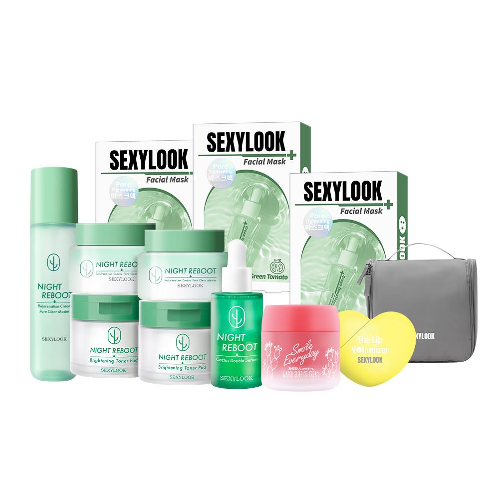 618限定♥【SEXYLOOK 西西露】獨家仙人掌囤貨12件組(夜光霜50mlx2+代謝棉片50片x2+夜光水120mlx1+雙精華30mlx1+補水膜75ml+綠番茄面膜3盒+盥洗包+護唇精華7ml) (預購商品6/27陸續出貨)