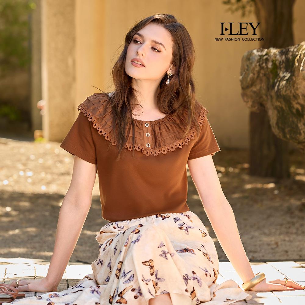 ILEY伊蕾 優雅蕾絲領棉質短袖上衣(深咖；M-XL)