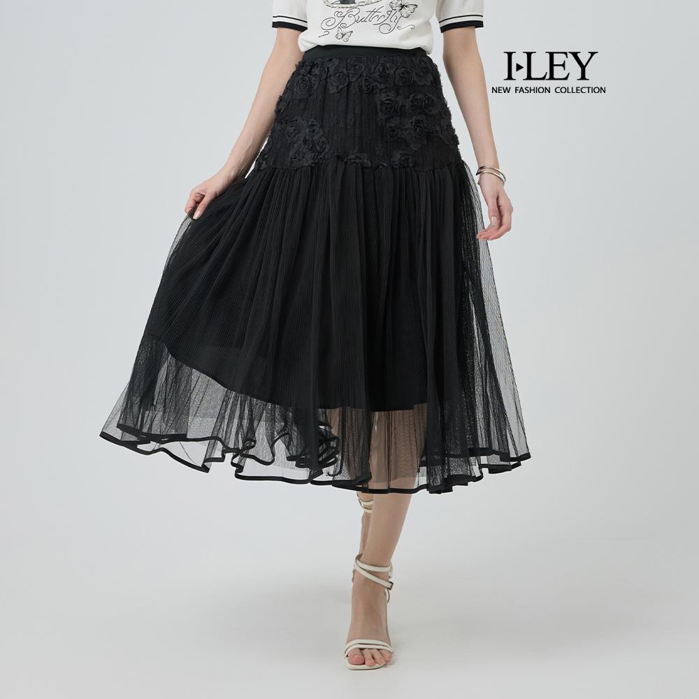 ILEY伊蕾 立體工藝花卉網紗中長裙(黑；M-XL)