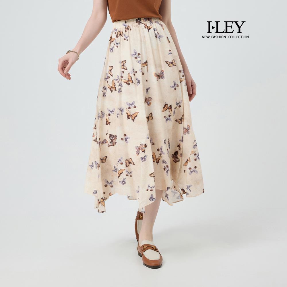ILEY伊蕾 蝴蝶紛飛印花中長裙(杏；M-XL)