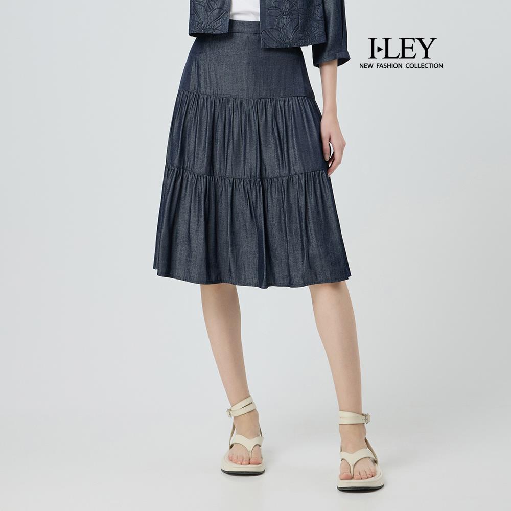ILEY伊蕾 光澤縲縈牛仔蛋糕中長裙(深藍；M-2L)