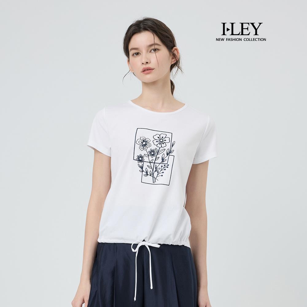 ILEY伊蕾 花朵刺繡抽繩短袖棉質上衣(白；M-XL)