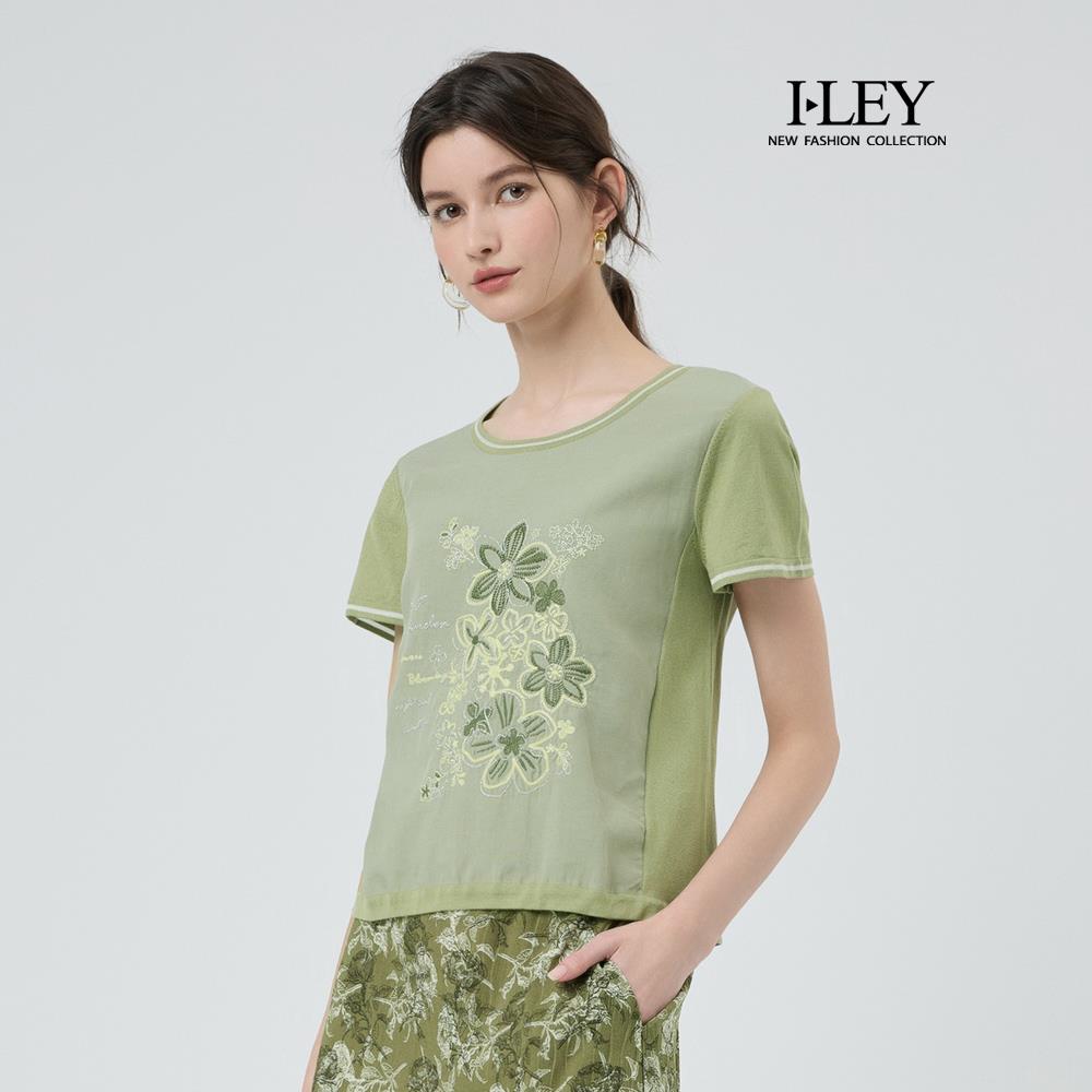 ILEY伊蕾 花朵刺繡拼接萊賽爾針織上衣(綠；M-XL)